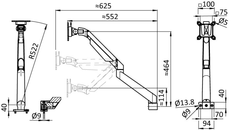 Support écran 5 axes, hauteur réglable (Kit)